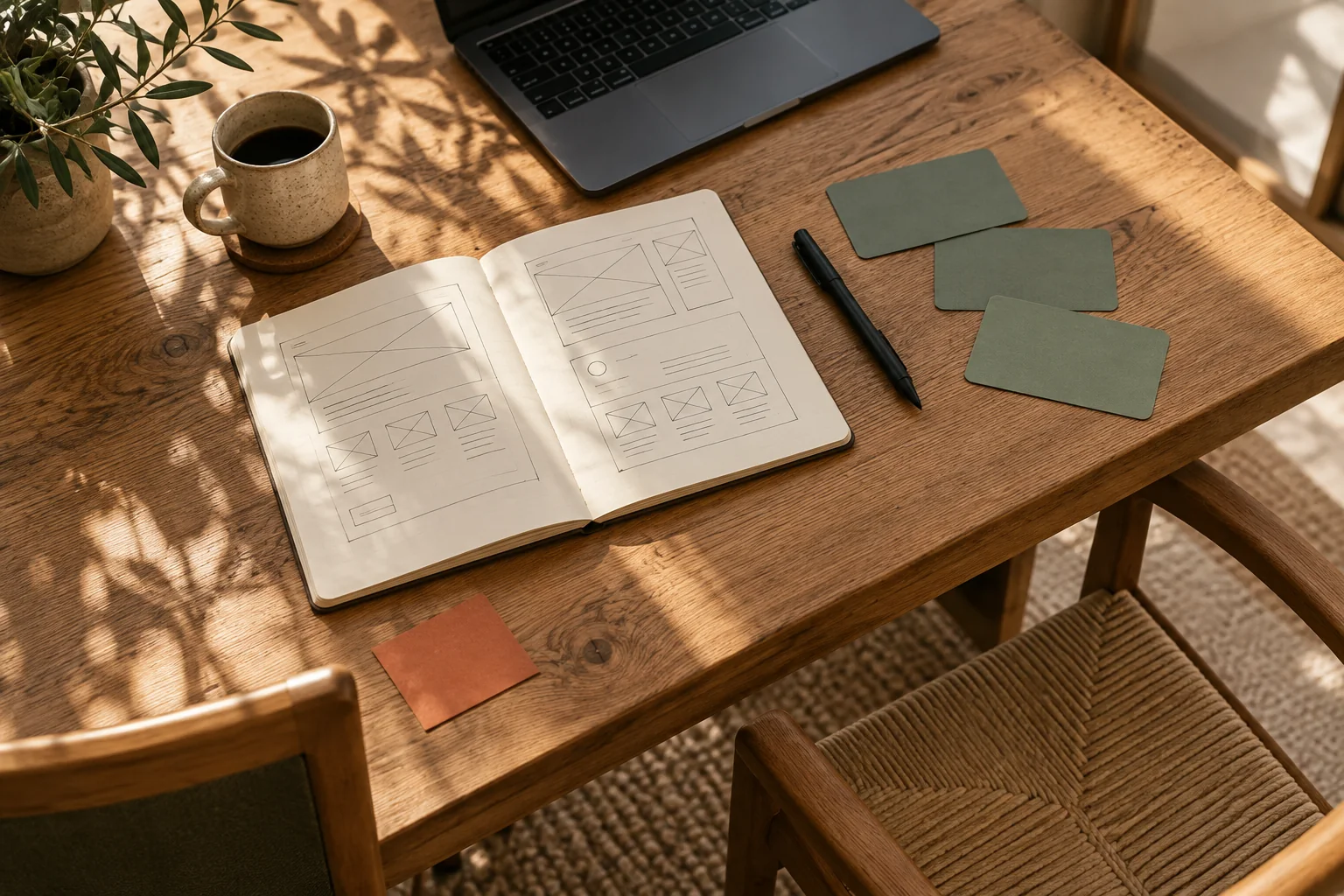 Editorial illustration of wireframes and planning cards on a worktable.