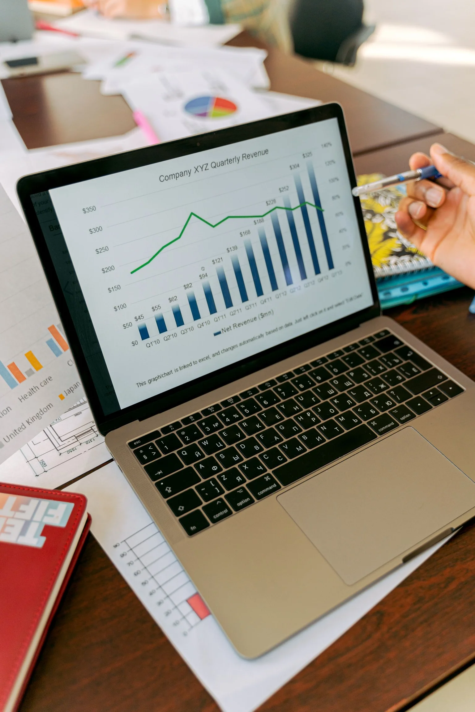 Business reporting charts displayed on a laptop beside printed reports.