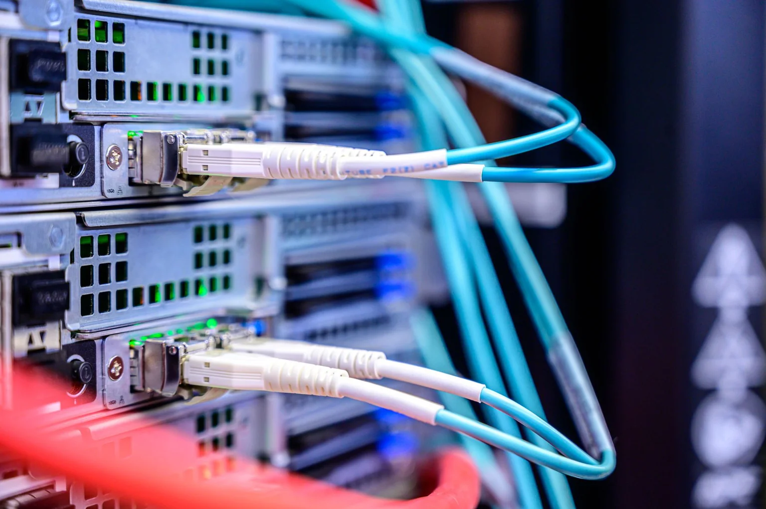 Ethernet connections linking equipment in a server rack.