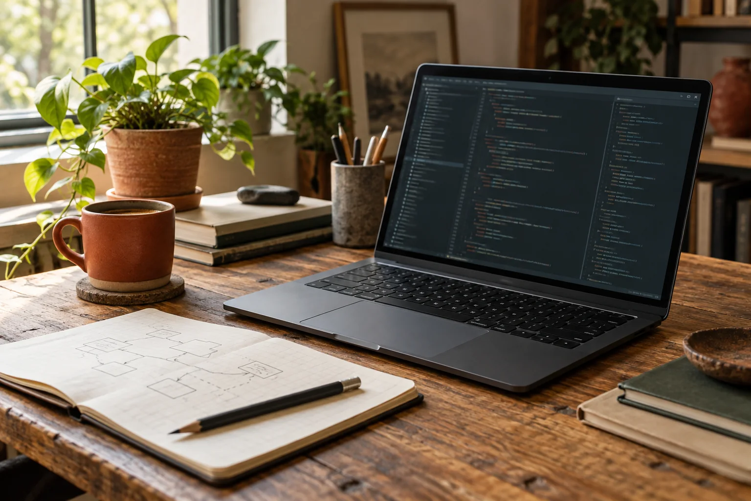 Editorial illustration of a software workbench with a code editor and planning notebook.